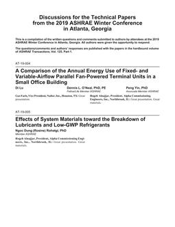 Discussions for ASHRAE Transactions – 2019 Winter Conference – Atlanta, GA, Vol. 125, Part 1