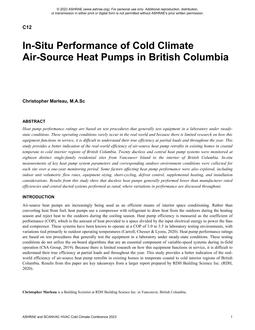 In-Situ Performance of Cold Climate Air-Source Heat Pumps in British Columbia